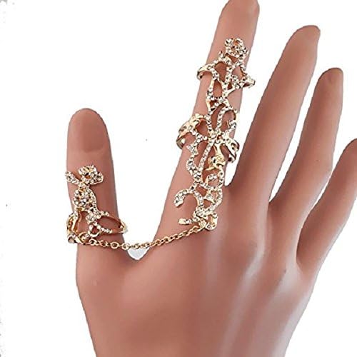 2PCS Vine Rose Rhinestone Armor Knuckle Heart Shield Full Finger Two Band Ring Gold and Silver