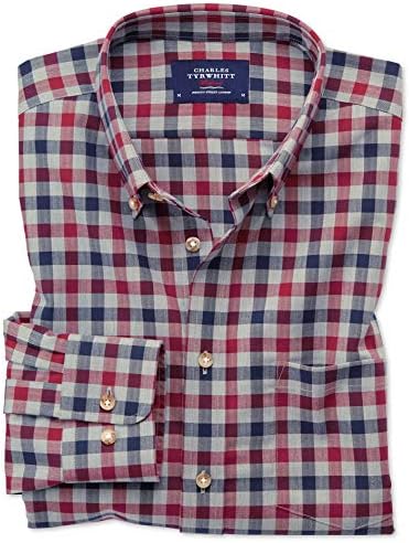 Classic Fit Button-Down Non-Iron Twill Red and Navy Gingham Cotton Shirt Single Cuff by Charles Tyrwhitt