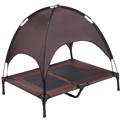 SUPERJARE Outdoor Dog Bed, Elevated Pet Cot with Canopy, Portable for Camping or Beach, Durable 1680D Oxford Fabric, Extra Carrying Bag - Brown