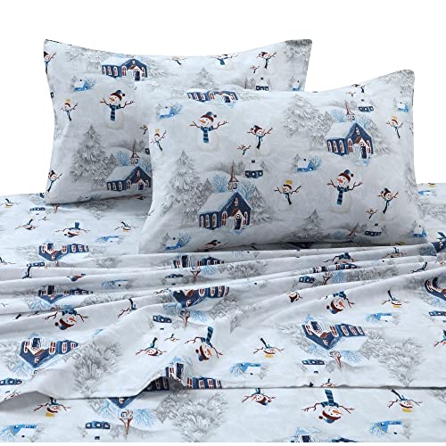 Tribeca Living 100% Cotton Flannel Sheet Set - Deep Pocket, 170-GSM, Ultra Soft & Cozy Bedding for Winter, Queen, Snowman Navy/Red