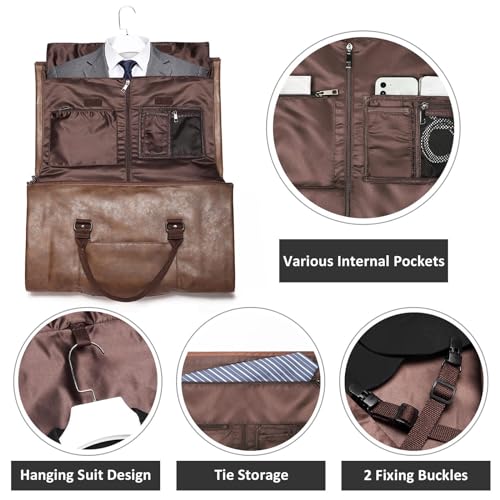 Leather Garment Duffle Bag, 50L Waterproof Travel Bag with Suit Compartment, Shoe Storage, available Black or Brown (Brown)