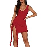 MIYIEONZ Women Sleeveless Sexy V Neck Bodycon Mini Dress Summer Side Slit Mesh Irregular Ruffle Hem Backless Short Dress