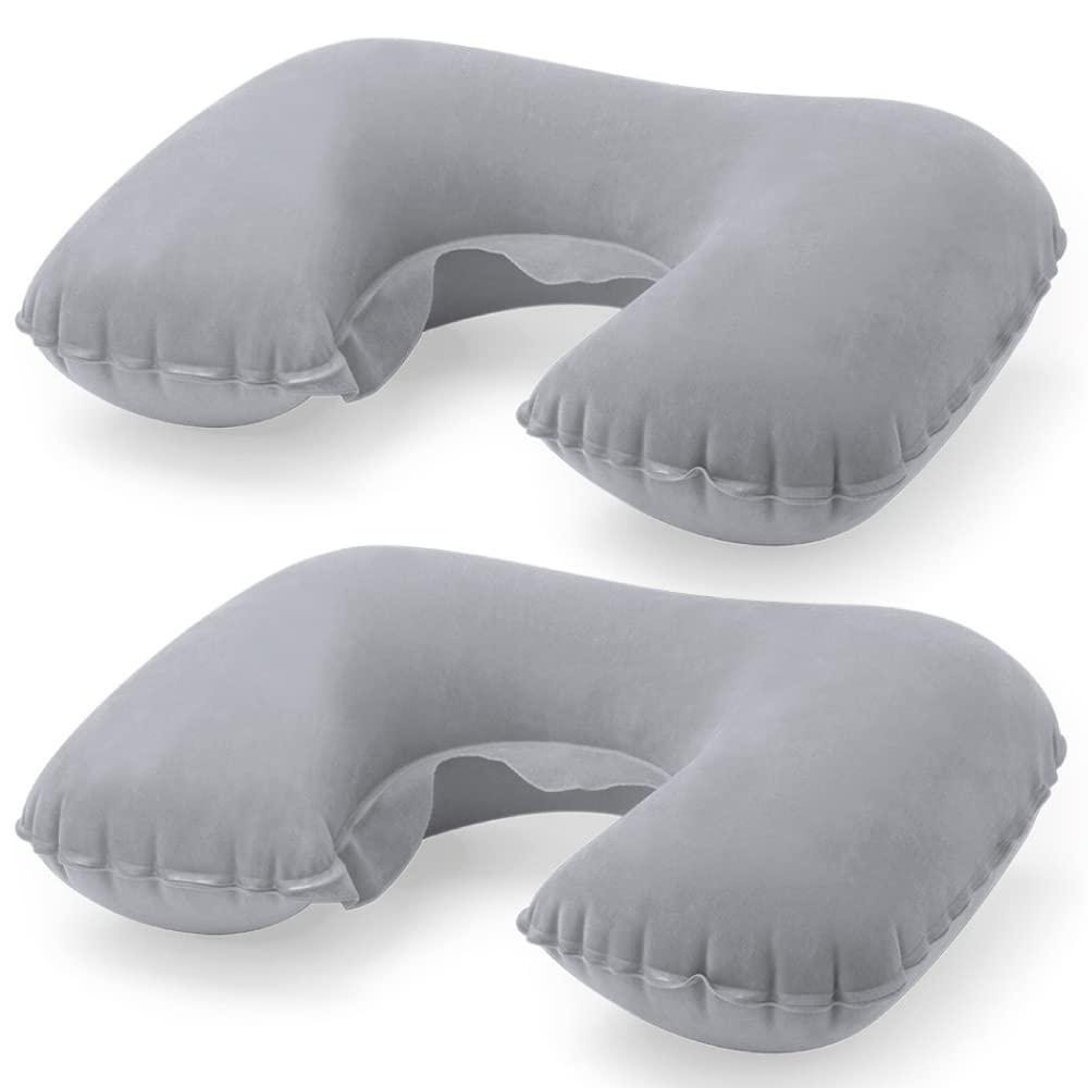 eBuyGB Pack of 2 Inflatable Travel Neck Pillows with Pouch, Polyester, Grey,17 x 11.5 x 1 cm