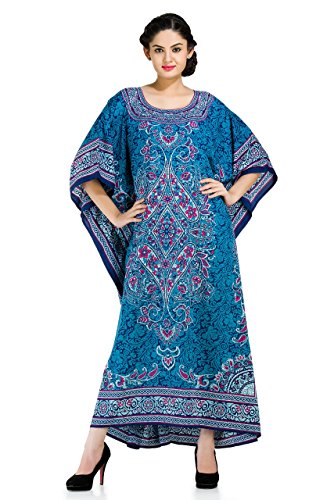 Goood Times Long Caftan Dress Blue Maxi Floral Kaftan,Blue,Large