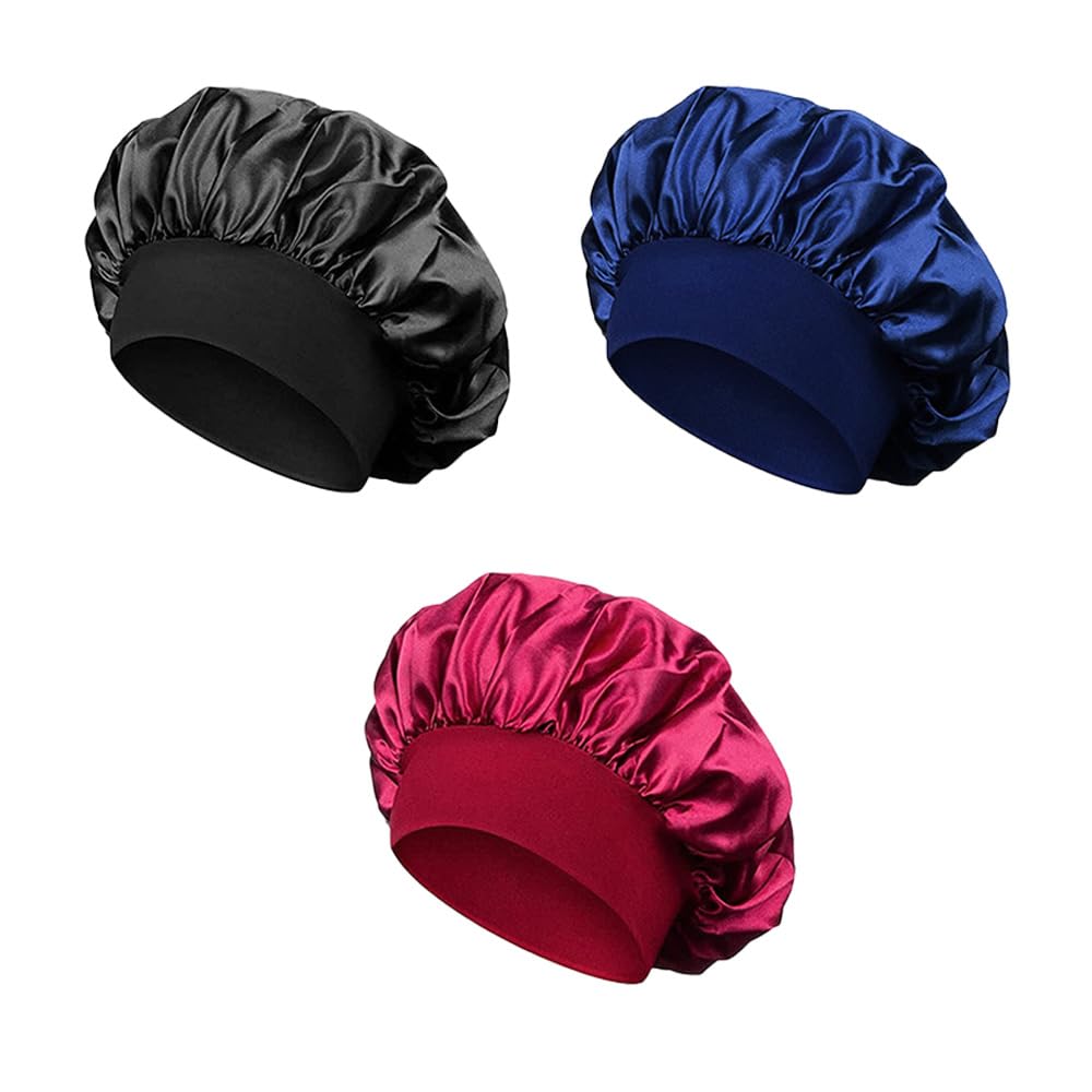 TRKETK 3 Pcs Satin Sleeping Bonnet - Wide Elastic Band, Soft & Comfortable, Breathable, Anti-slip Silk, Suitable for Long & Curly Hair (3 Colors)