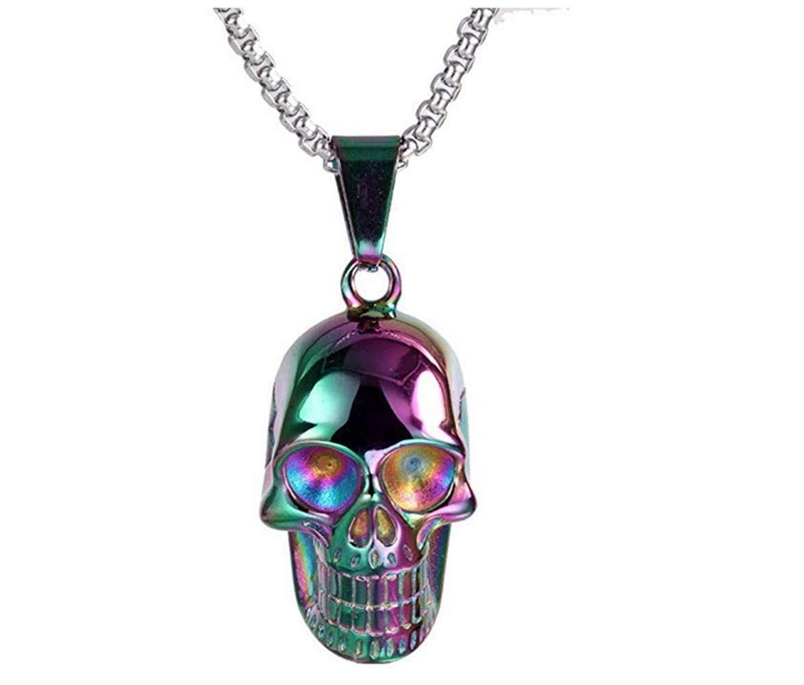 HIJONES Men's Stainless Steel Gothic Biker Multicolor Skull Charm Pendant Necklace Punk