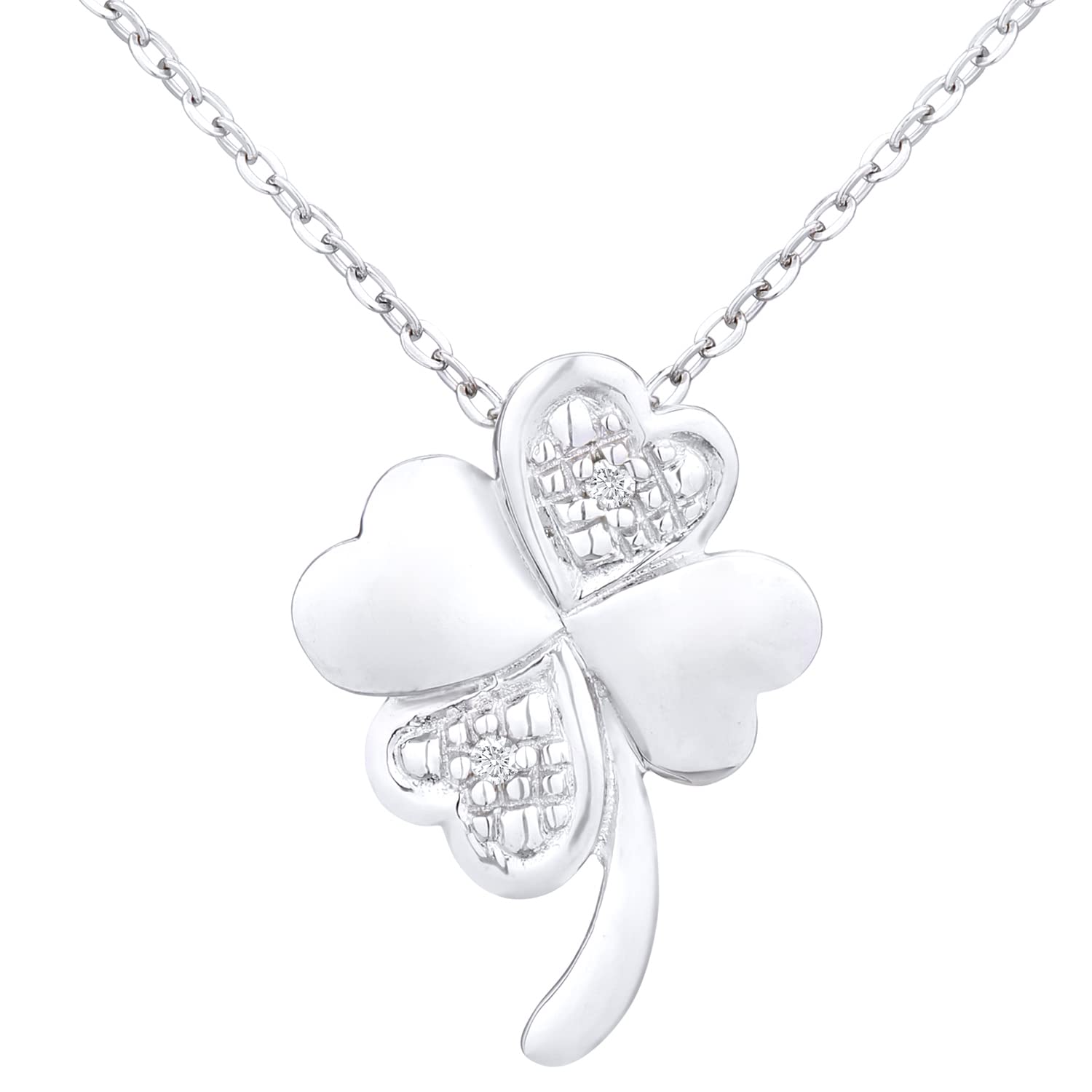 Elegano 9ct White Gold 46 cm Women’s Necklace – Lucky Four Leaf Clover Diamond Pendant