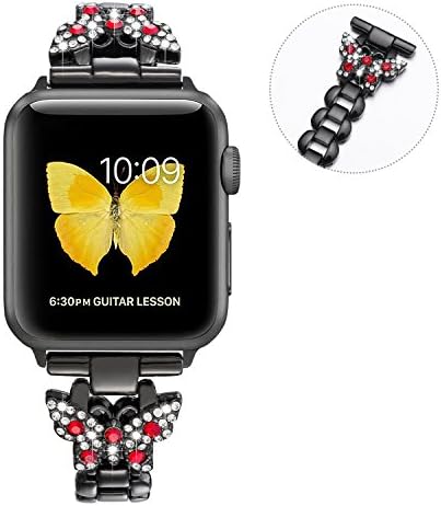HSY LLC Apple Watch band, Women Hand chain Jewelry Metal Stainless Steel band ,Adjustable Bracelet with Rhinestone fit Apple Watch 38MM series3/2/1 nike+ hermes( Black 38mm and Red diamond )