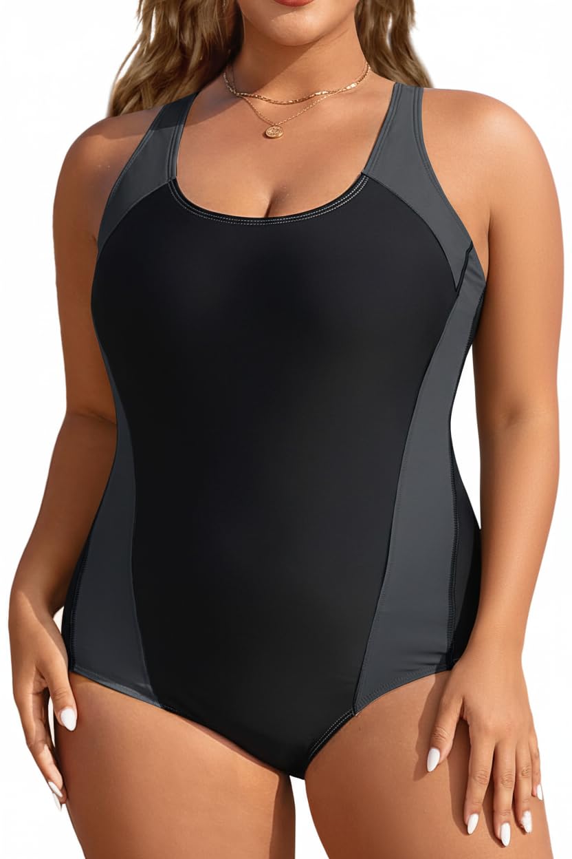 Photo 1 of Aqua Eve Plus Size Swimsuits Athletic One Piece Bathing Suit for Women Tummy Control Slimming Swimwear Black&Grey 18 Plus