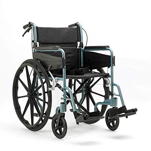 Days Escape Lite Self Propelled Wheelchair - Lightweight Aluminium Folding Wheelchair with Attendant Brakes - Suitable for Indoor and Outdoor Use (Wide, Silver Blue)