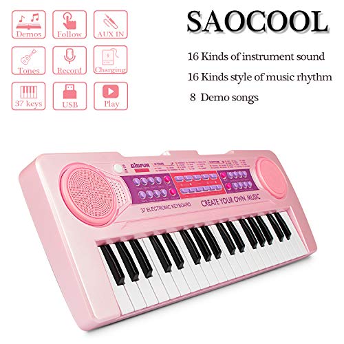 SAOCOOL Kids Piano, 37 Keys Charging Multifunctional Electronic Piano for Kids Music Educational Piano Keyboard Toys for Toddler (Pink)
