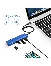 USB C HUB, wavlink Slim tipo C 3.1 Hub con 4 puertos USB 3.0 de aluminio para dispositivos USB C incluida la nueva Macbook,  Chromebook Pixel y more  [Azul]