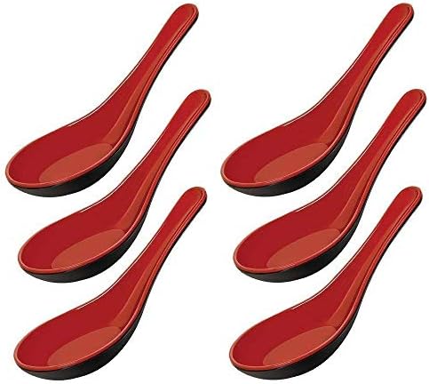 CoChao Melamine Soba, Rice Spoons, Asian Won Ton Soup Spoon, 6 Packs of Red Spoon