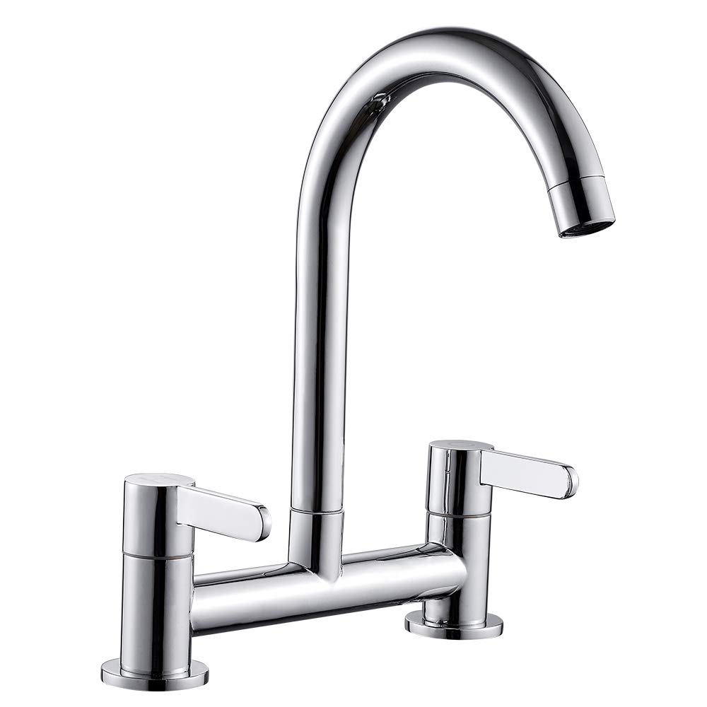 Kitchen Sink Mixer Taps Hot Cold Dual Lever Monobloc Chrome Swivel Spout 1/4 Turn Deck Mounted Kitchen Taps with UK Standard Fittings (Silver)