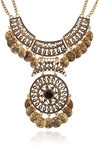Fullkang Women Bohemian Festival Jewelry Double Chain Coin Statement Necklace (gold)