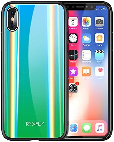 RAXFLY Compatible iPhone X Laser Phone Case Colorful Aurora Gradient Change Green Protect Case Ultra Thin Silicone & Reinforced 9H Tempered Glass Glitter Back Cover Mint Green