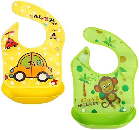 Elome Removable Waterproof Soft Baby Bibs With Silicone Detachable Food Catcher, BPA-Free, for Feeding Babies & Toddler, Boys & Girls (Green&Yellow)