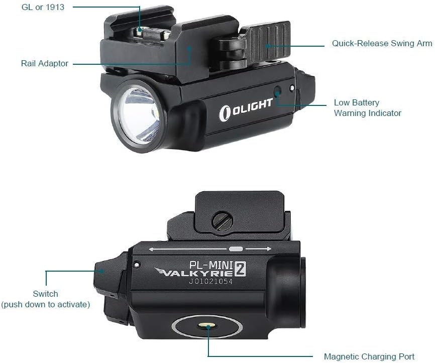 OLIGHT PL-Mini 2 Valkyrie 600 Lumens Magnetic USB Rechargeable Compact Weaponlight with Adjustable Rail, High Performance CW LED Tactical Flashlight with Built-in Battery (Black): Sports & Outdoors