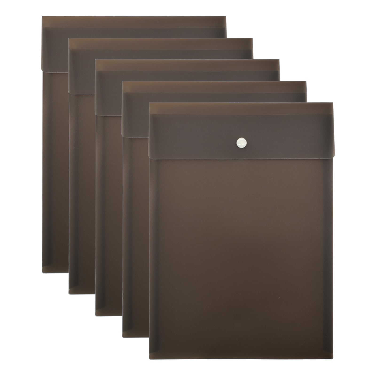VANRA Vertical File Folders Poly Filing Envelope Plastic Project Folder with Snap Button Closure for A4 Letter Size Paper (Pack of 5, Brown)
