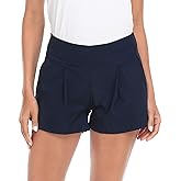 HDE Womens Pull On Dress Shorts 3" Inseam with Pockets High Waisted Chino Dressy Pleated Summer Stretchy Elastic Waist Shorts