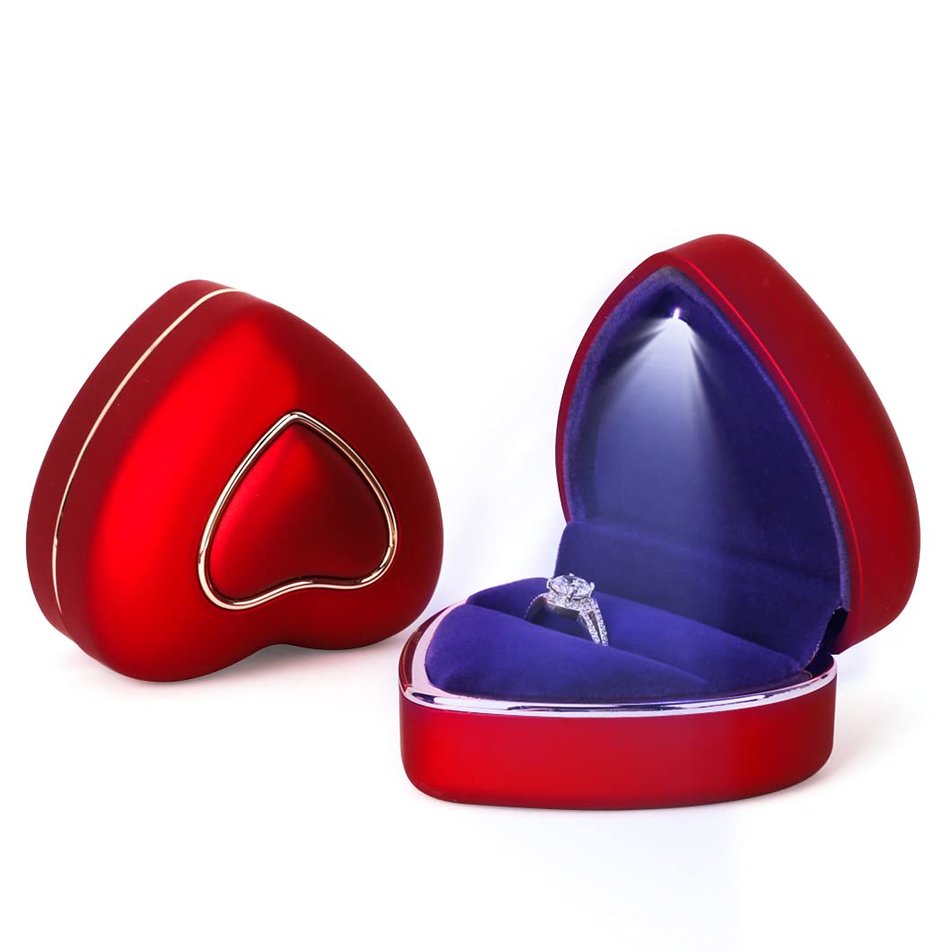 Rolin Roly Ring Box with LED Light Engagement Velvet Gift Rings Box Jewelry Displays Boxes Heart Shaped Ring Box for Proposal Weddings Birthday Anniversary (Red Heart Ring Box)