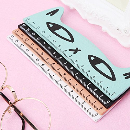 Qupida Kawaii Cute Cartoon Cat Wood Straight Ruler Measuring Tool Student Gift Office (Lake Blue)