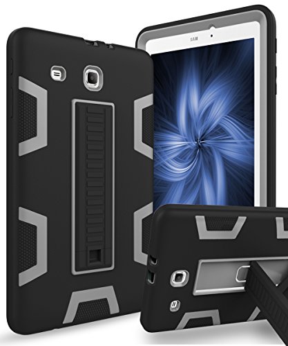 Galaxy Tab E 9.6 Case,KAKA[Kickstand Feature]Three Layer Hybrid Heavy Duty Shockproof Anti-Slip Protective Case for Samsung Galaxy Tab E Wi-Fi/Tab E Nook/Tab E Verizon 9.6-Inch Tablet,Black/Grey
