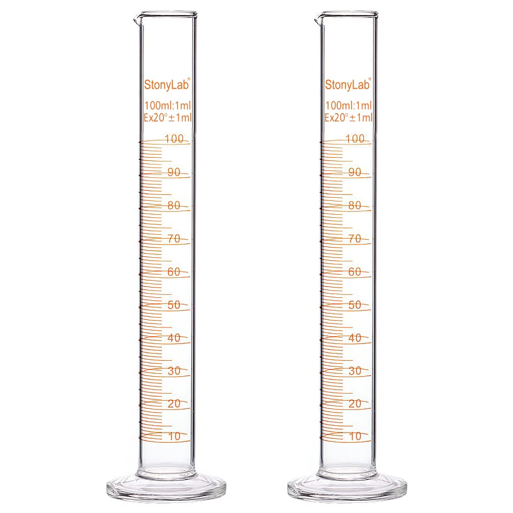StonyLab 2-Pack Borosilicate Glass 100ml Heavy Wall Graduated Cylinder Measuring Cylinder, 100ml