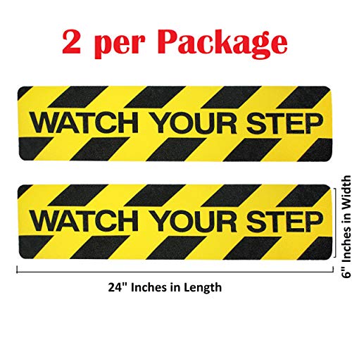 Watch Your Step Sign Tape Adhesive | 2 Pack Non-Slip Stair Warning Treads | 6" x 24" Self-Adhesive Black/Yellow Safety Marker Decal â— Anti-Slip for Workplace/Home Safety â— Indoor/Outdoor Grip Tape