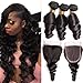 Mink Hair Closure with Loose Wave 3 Bundles 8A Grade Peruvian Virgin Human Hair Weave Extensions with Free Part 4x4 Closure Natural Color (20