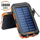Solar Charger, Frolk Solar Power Bank 10000mAh. Waterproof Portable External Cell Phone Dual USB Battery Charger with Solar Panel,Dual LED Light,Compass for iPhone, iPad, Android Cell Phones
