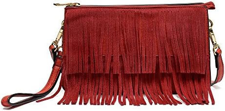 Triple Compartments Double Layer Faux Suede Fringe Clutch Crossbody Bag With Wristlet