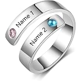 Love Jewelry Personalized Spiral Twist Ring with 2 Round Simulated Birthstones Custom Engraved Names Promise Rings for Women (silver)