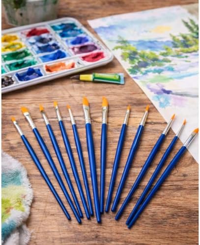 Kit 12 Pincéis para Pintura, 6 Ponta Fina Redonda e 6 Ponta Chata, para Aquarela, Óleo, Acrílica e Artesanato