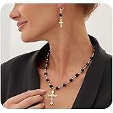 Navirix Gold Cross Jewelry Set for Women,Black Beaded Choker Cross Charming Necklace Crucifix Dangle Drop Earrings Christian Baptism Gift