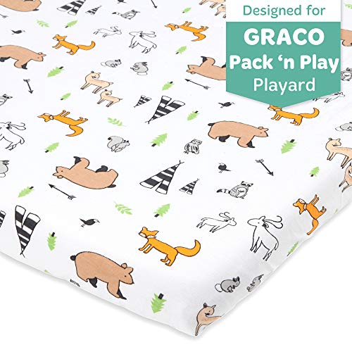 Woodland Animals Pack n Play Playard Sheet Compatible with Graco | Pure Jersey Cotton Unisex Mini Portable Crib Sheet