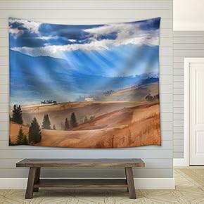 Digital Artwork in Watercolor Painting Style. Beautiful Autumn Landscape in The Mountain Village - Fabric Wall Tapestry Home Decor - 51x60 inches