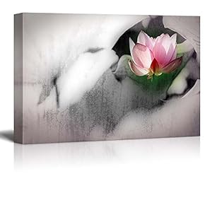 Pink Lotus Flower on a Foggy Black and White Setting - Canvas Art Home Art - 12x18 inches