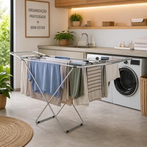 Varal de Chão com Abas em Aço 1,23m Dobrável Resistente Portátil para Roupas Lavanderia Casa Buritis