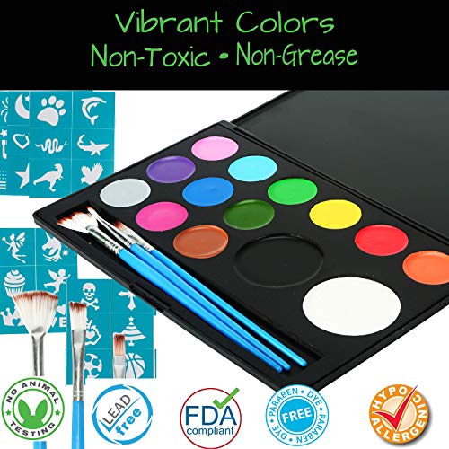 Face Paint Kit Non-Grease 14 Colors with Large Black and White, 3 Brushes, 30 Stencils Water-Based Face and Body Paints Kit for Kids or Professional - Safe Facepainting for Sensitive Skin