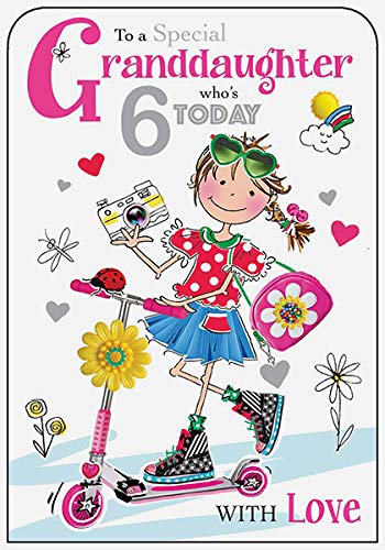 Jonny Javelin 6th Birthday Card for Granddaughter - Age 6 Scooter and Flower Design - Embossed Details - Premium Birthday Greeting Card with Envelope for Girls