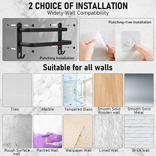 Shower Bathroom Caddy, 2 Packs Shower Shelf Organizer Wall Mounted - Adhesive Shower Racks with Soap Holder Tower Bar for Bath, Kitchen, Toilet - Stainless Steel No Drilling - Black