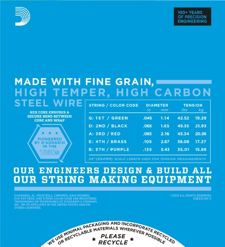 D'Addario EXL165 5-String Nickel Wound Bass Guitar Strings, Custom Light, 45-135, Long Scale