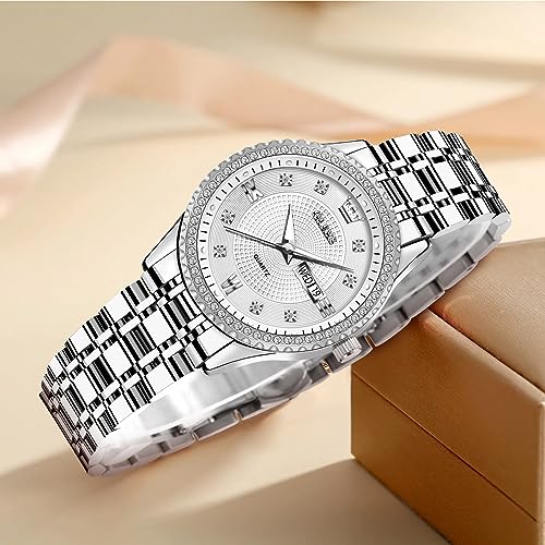 OLEVS Womens Watches Small Face Ladies Watches for Women with Day Date Diamond Silver Gold Two Tone Stainless Steel Waterproof Analog Reloj para Mujer Classic Fashion Dress Quartz Womens Wrist Watch