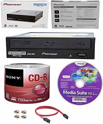 Pioneer 16x BDR-211UBK Internal Ultra HD Blu-ray BDXL Burner, Cyberlink Software and Cable Accessories Bundle with 50pk CD-R Sony 700MB 48X Recordable Media