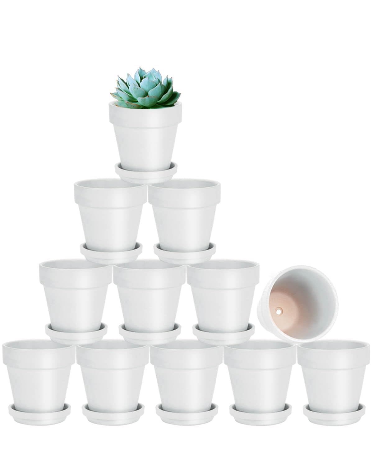 vensovo 7.6 CM White Clay Pot for Plant with Saucer - 12 Pack Small Terra Cotta Plant Pot with Drainage Hole, Flower Pot with Tray, Terracotta Pot for Indoor Outdoor Plant — image 1