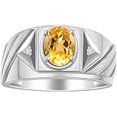 Rylos Men's Sterling Silver Designer Rings - Classic Style with 8x6MM Oval Gemstone & Diamond Accents - Birthstone Rings in Sizes 8-13