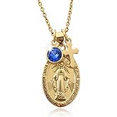Gold Mother Mary Medal Necklace – Personalized Birthstone & Chain Length – Virgin Mary Catholic Pendant with Cross Charm – Religious Gift for Women & Teens