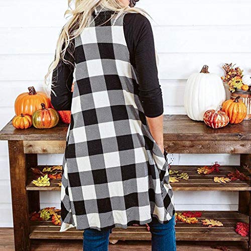 Womens Plaid Open Front Vest Cardigan Sleeveless Drape Lightweight Coat with Pockets White - Thumbnail 2