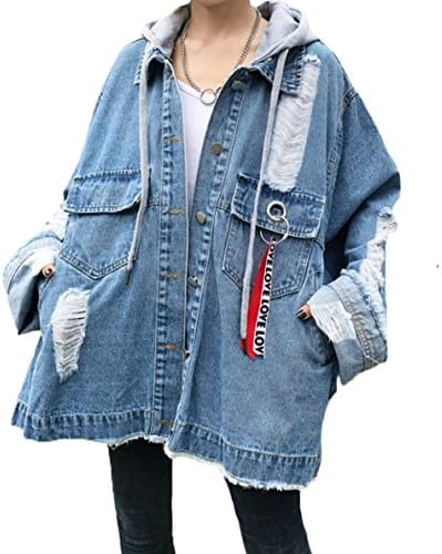 MengFan Women’s Denim Jacket, Autumn/Winter, Outerwear, Denim Coat, Hooded, Jeans, Jumper, Blouson, Long Sleeve, Overcoat, Rider Jacket, Loose, Hole Opening, BFStyle, Commuting to Work or School
